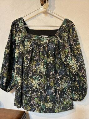 LC Lauren Conrad Black Floral Square-Neck Peasant Blouse